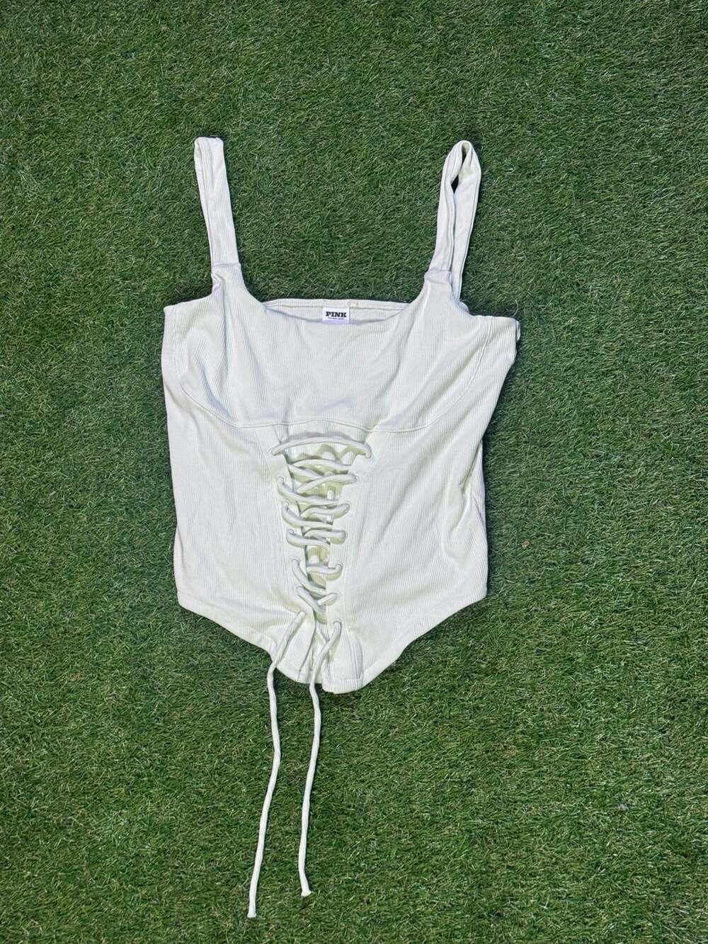 Victoria's Secret PINK All-Day Soft Rib Lace-Up Corset Top in Mint Green